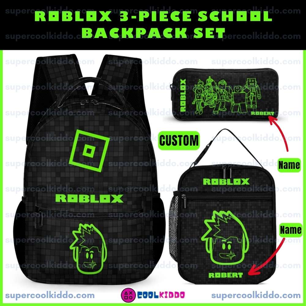 Personalized Roblox Neon Green and Black 3 Piece Backpack Set. Ergonomic Kids School Bag, Insulated Lunch Box and Pencil Case Bundle.