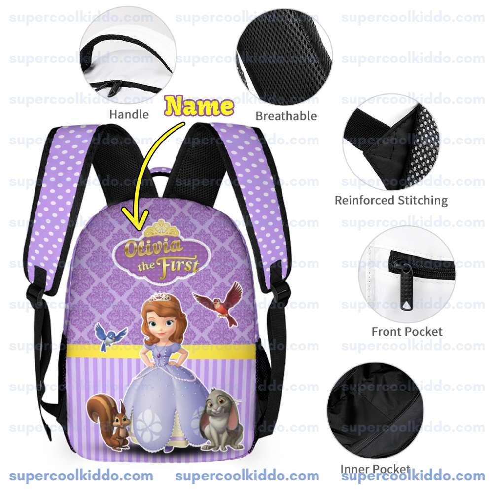 Personalized Sofia the First 3 Piece Backpack Set. Ergonomic Kids School Bag, Insulated Lunch Box & Pencil Case Bundle