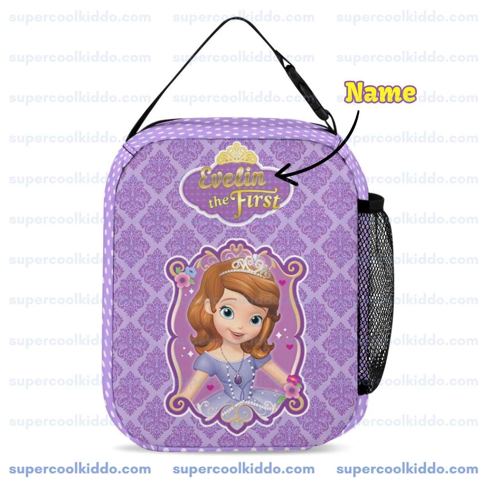 Personalized Sofia the First 3 Piece Backpack Set. Ergonomic Kids School Bag, Insulated Lunch Box & Pencil Case Bundle