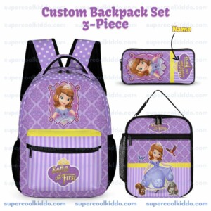 Personalized Sofia the First 3 Piece Backpack Set. Ergonomic Kids School Bag, Insulated Lunch Box & Pencil Case Bundle