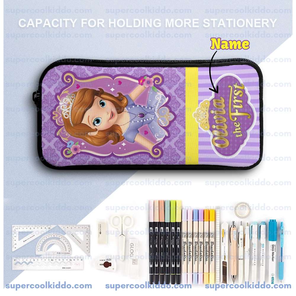 Personalized Sofia the First 3 Piece Backpack Set. Ergonomic Kids School Bag, Insulated Lunch Box & Pencil Case Bundle