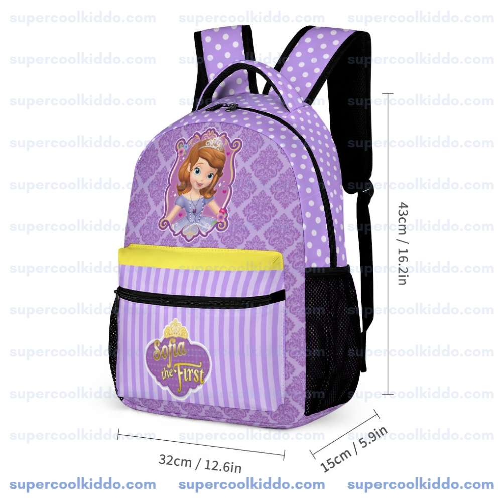 Personalized Sofia the First 3 Piece Backpack Set. Ergonomic Kids School Bag, Insulated Lunch Box & Pencil Case Bundle