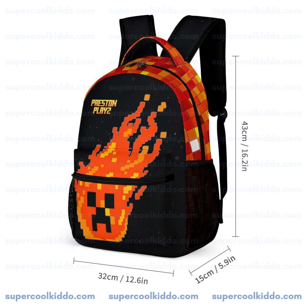 PrestonPlayz Fire Creeper 3 Piece Backpack Set, Ergonomic School, College and Work Bag, Insulated Lunch Box and Pencil Case Bundle