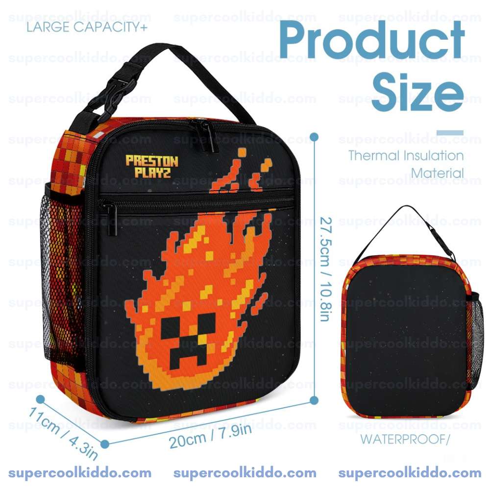 PrestonPlayz Fire Creeper 3 Piece Backpack Set, Ergonomic School, College and Work Bag, Insulated Lunch Box and Pencil Case Bundle