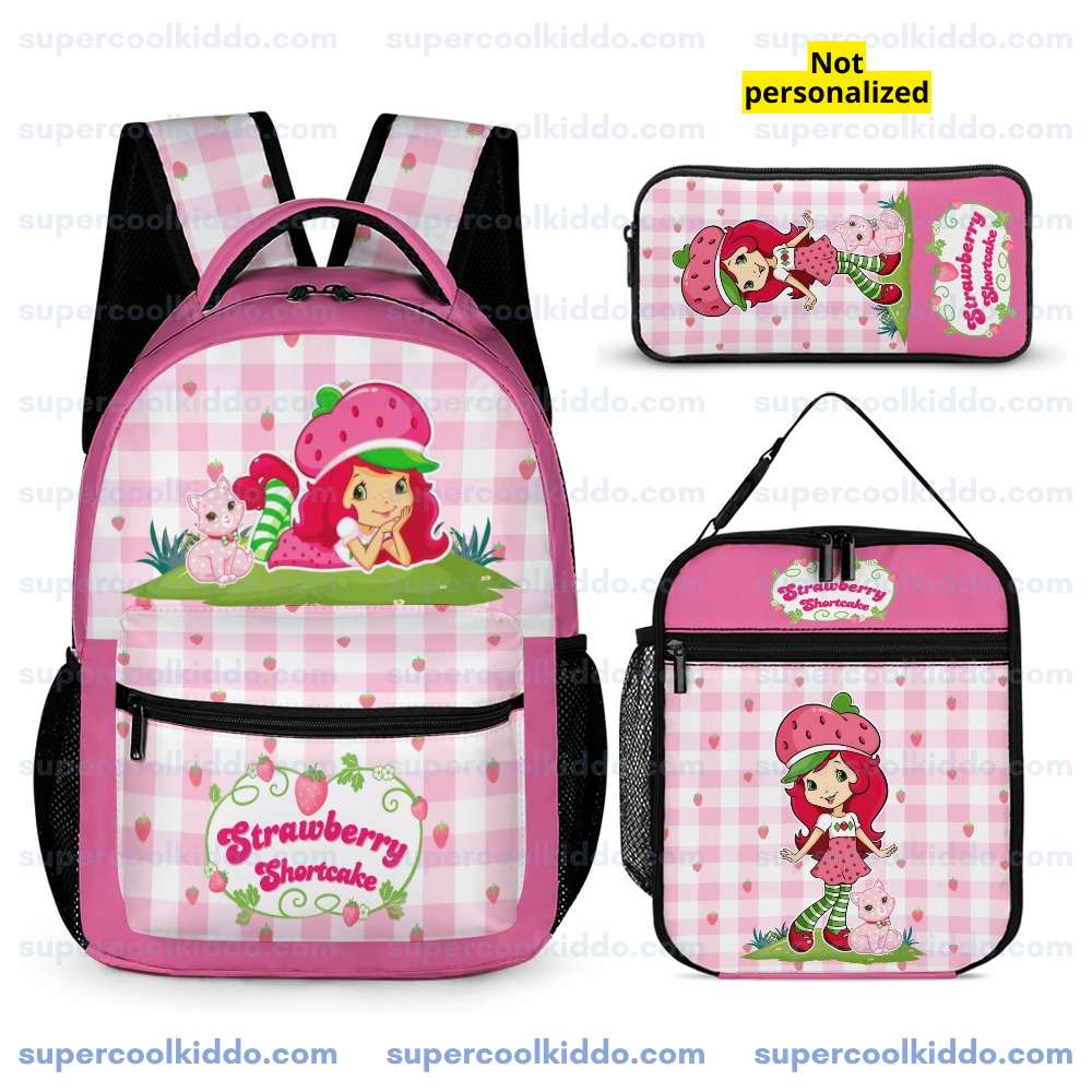 Personalized Strawberry Shortcake 3 Piece Backpack Set. Ergonomic Kids School Bag, Insulated Lunch Box & Pencil Case Bundle