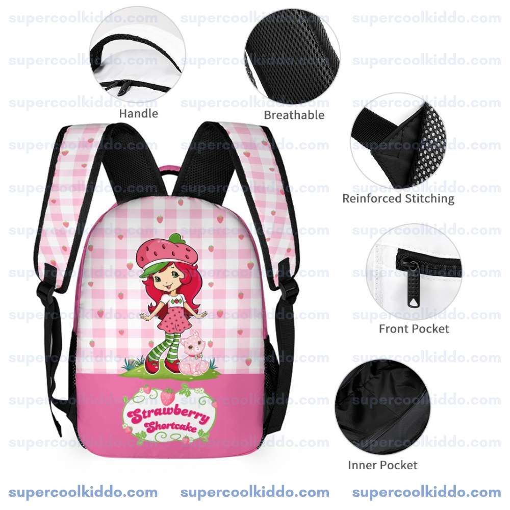 Personalized Strawberry Shortcake 3 Piece Backpack Set. Ergonomic Kids School Bag, Insulated Lunch Box & Pencil Case Bundle