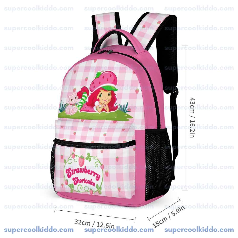 Personalized Strawberry Shortcake 3 Piece Backpack Set. Ergonomic Kids School Bag, Insulated Lunch Box & Pencil Case Bundle
