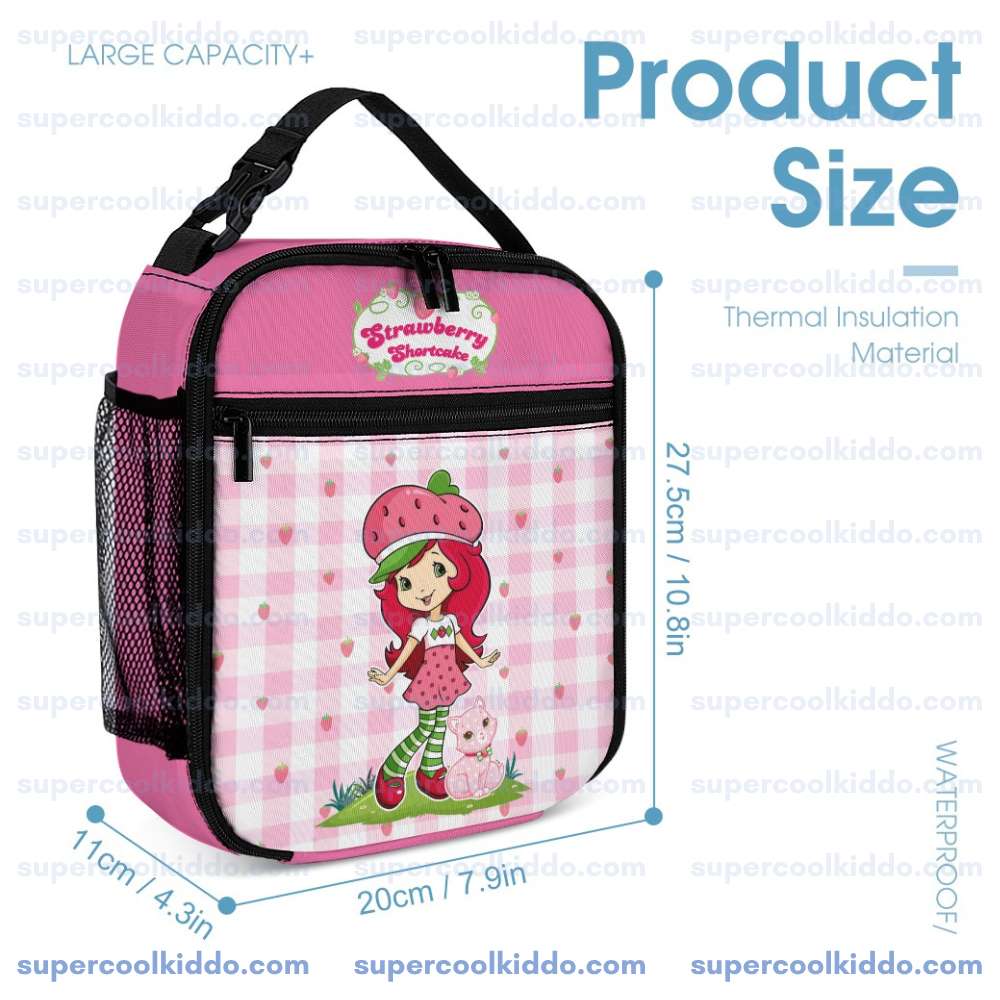 Personalized Strawberry Shortcake 3 Piece Backpack Set. Ergonomic Kids School Bag, Insulated Lunch Box & Pencil Case Bundle