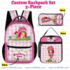 Personalized Strawberry Shortcake 3 Piece Backpack Set. Ergonomic Kids School Bag, Insulated Lunch Box & Pencil Case Bundle