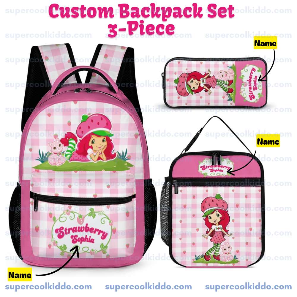 Personalized Strawberry Shortcake 3 Piece Backpack Set. Ergonomic Kids School Bag, Insulated Lunch Box & Pencil Case Bundle