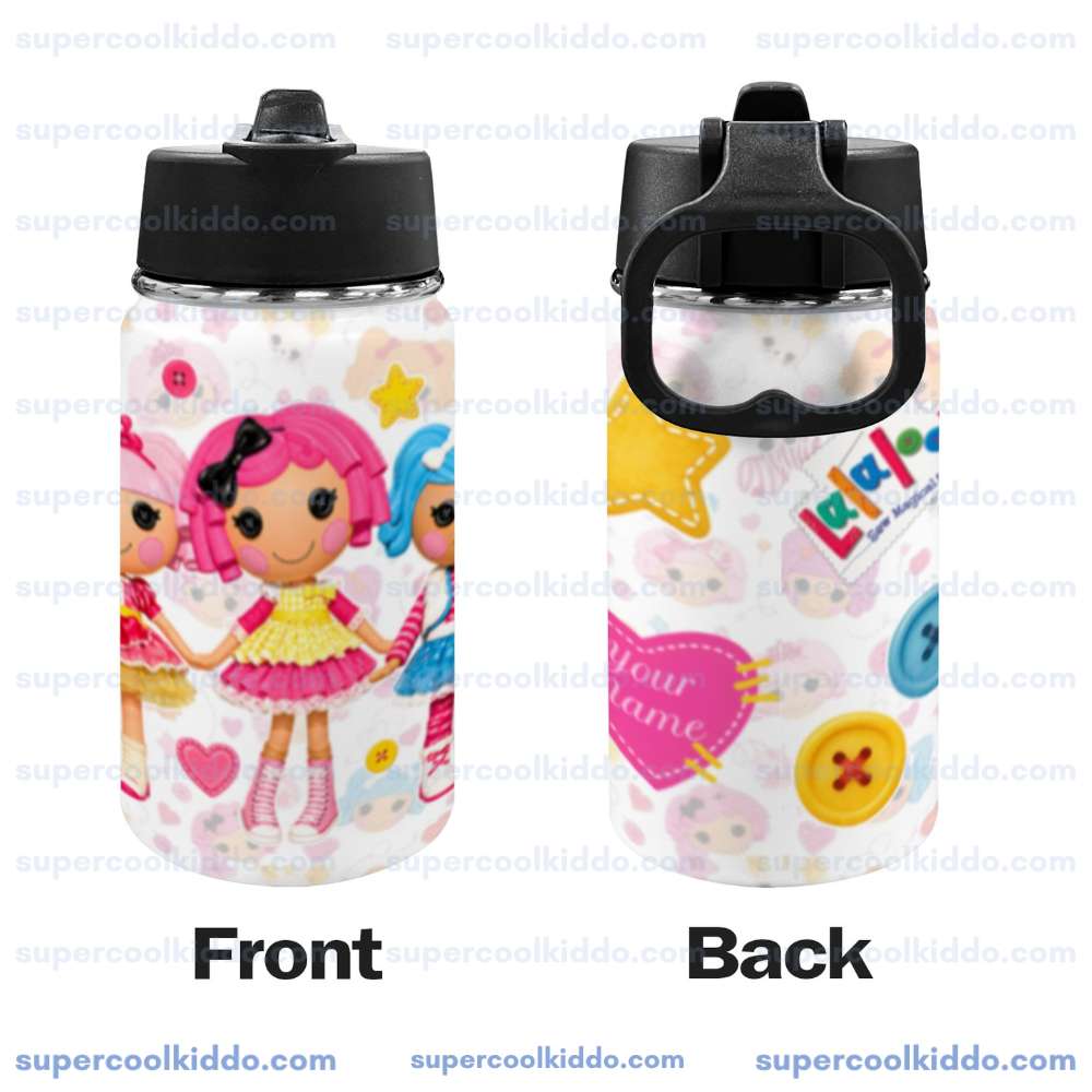 Lalaloopsy, Personalized Sew Magical Kids Stainless Steel Water Bottle with Straw Lid 12 oz Cute Rag Doll Double Wall Insulated Tumbler