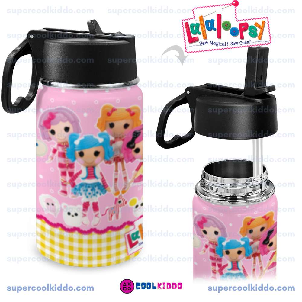 Lalaloopsy, Cute Pink Doll World Kids Stainless Steel Water Bottle with Straw Lid 12 oz Insulated Tumbler with Swingable Handle
