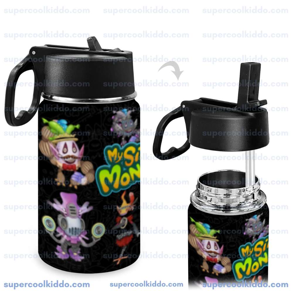 Personalized New Monster Squad Kids Stainless Steel Water Bottle with Straw Lid 12 oz Double Wall Insulated Tumbler.