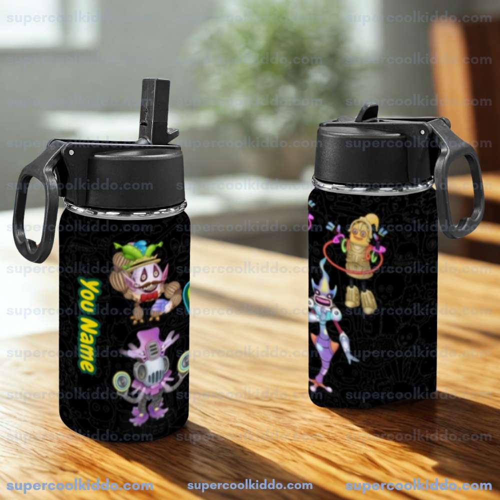 Personalized New Monster Squad Kids Stainless Steel Water Bottle with Straw Lid 12 oz Double Wall Insulated Tumbler.