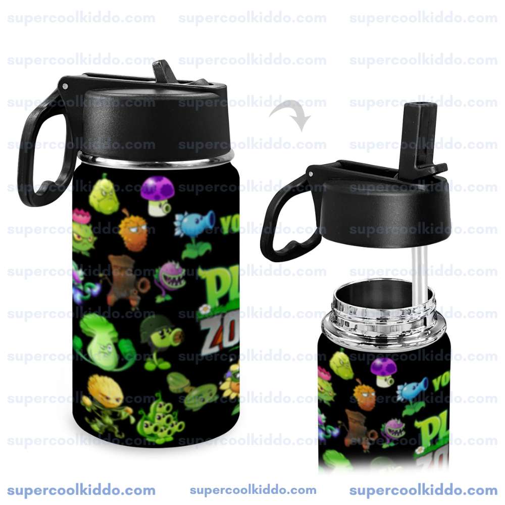 Personalized Plants vs Zombies Kids Stainless Steel Water Bottle with Straw Lid, 12 oz Double Wall Insulated Tumbler