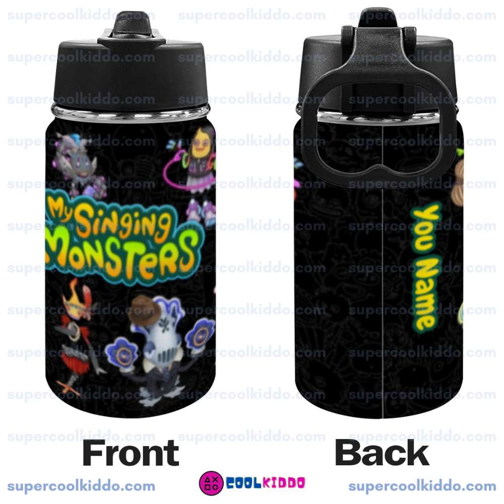 Personalized New Monster Squad Kids Stainless Steel Water Bottle with Straw Lid 12 oz Double Wall Insulated Tumbler.