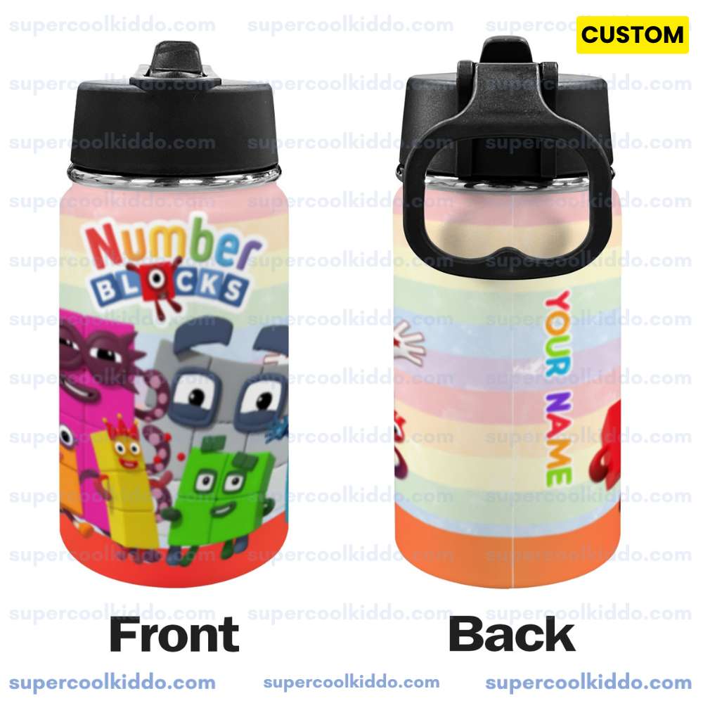 Numberblocks, Personalized Colorful Math Friends Kids Stainless Steel Water Bottle with Straw Lid 12 oz Double Wall Insulated Rainbow Tumbler.