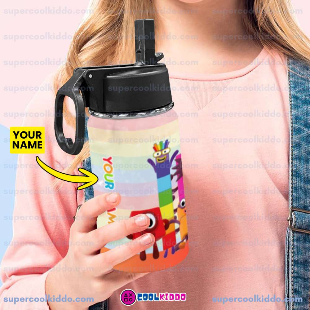 Numberblocks, Personalized Colorful Math Friends Kids Stainless Steel Water Bottle with Straw Lid 12 oz Double Wall Insulated Rainbow Tumbler.