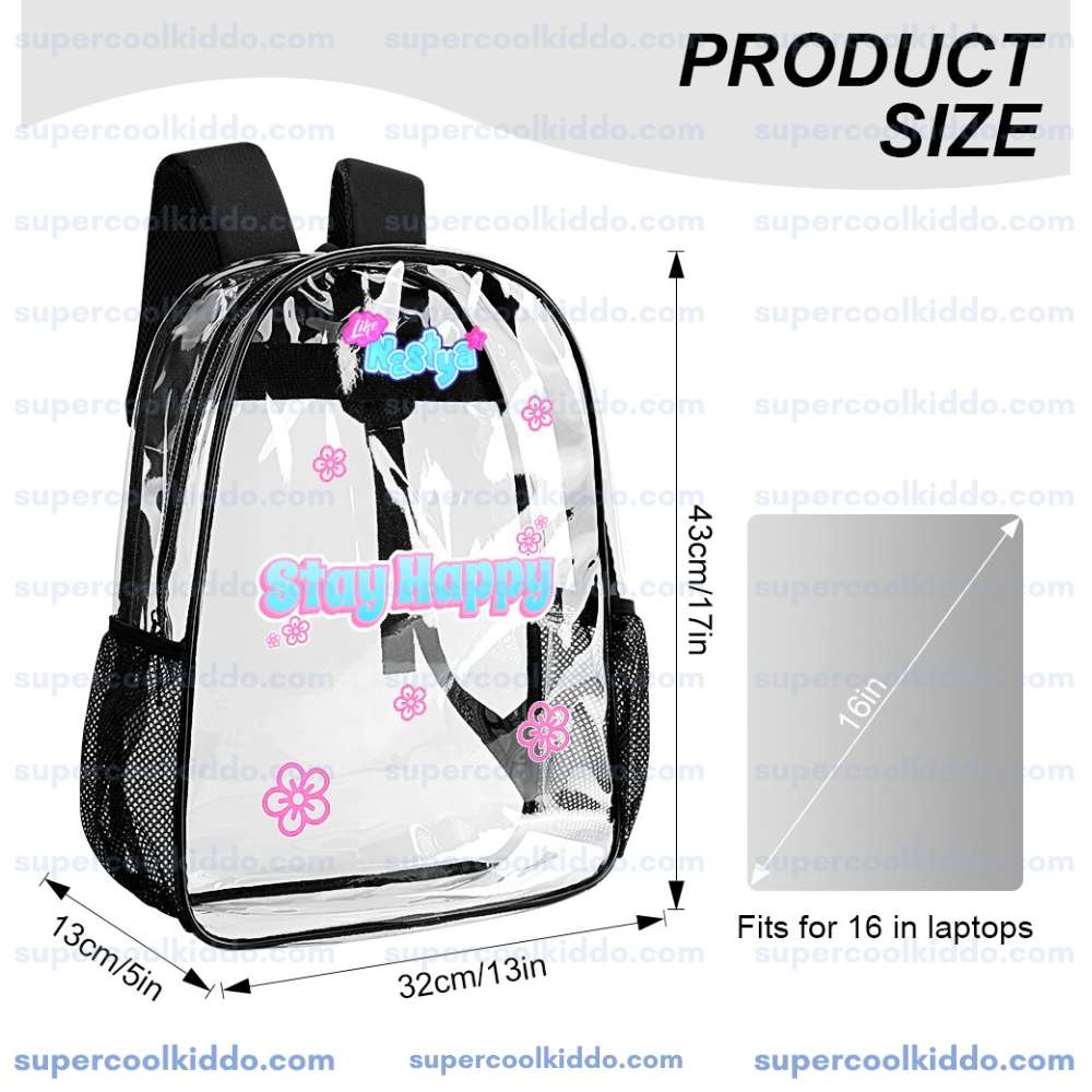 Like Nastya Clear Backpack, Cute "Stay Happy" Transparent Daypack for Concerts, School and Fans
