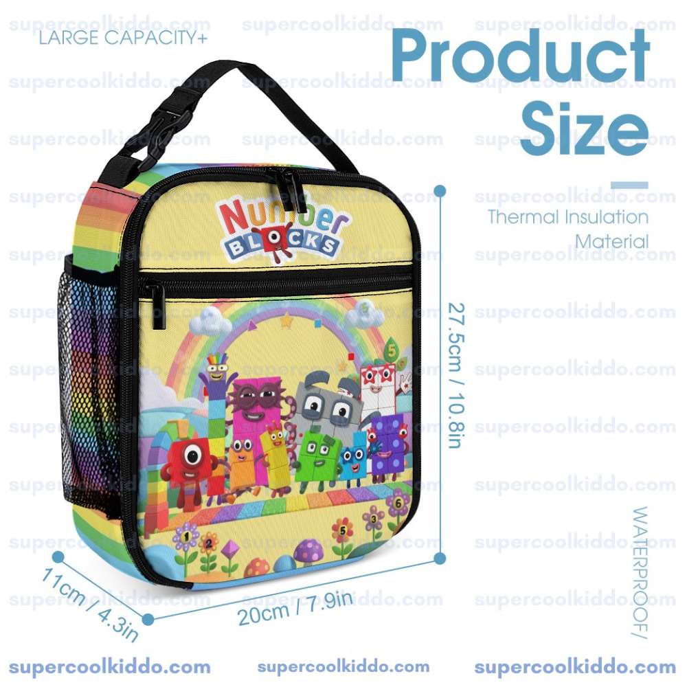 Numberblocks Insulated Lunch Bag Cute Reusable Lunch Box Thermal Tote Bag with Side Pocket for Kids School Travel Picnic